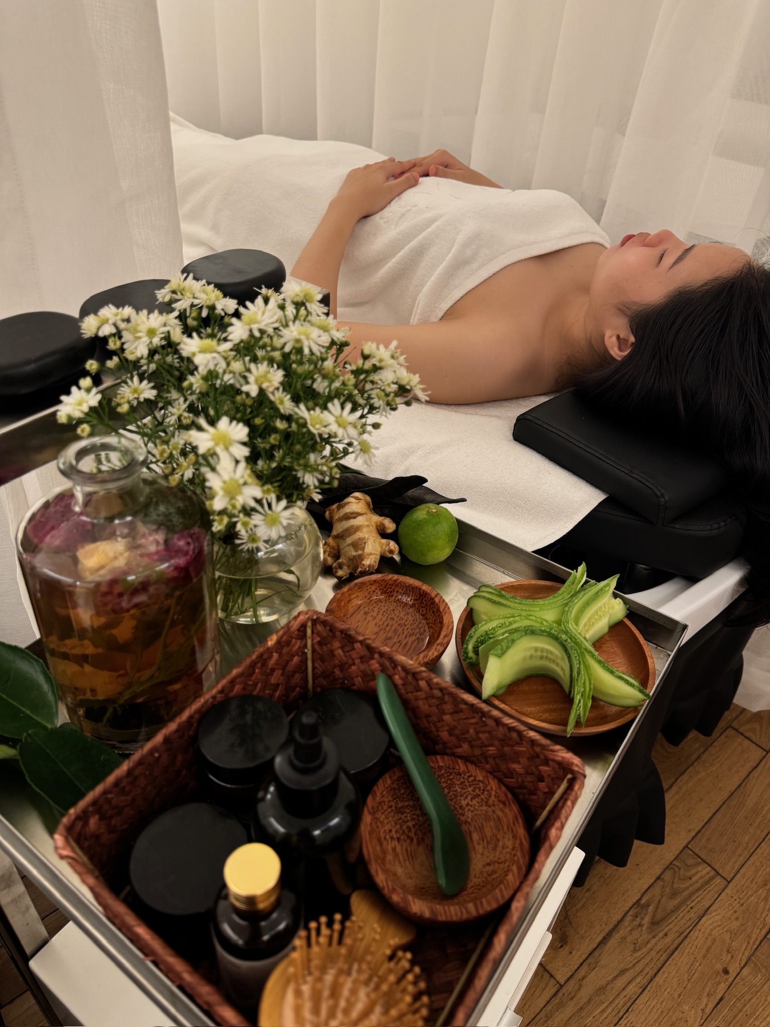 Laying women and Facial care arrangement at SoulSenses Spa Nha Trang